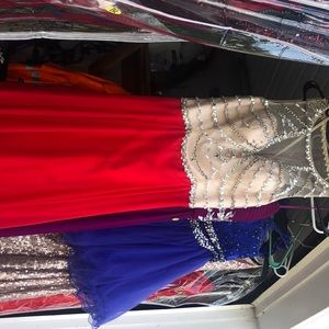 Red prom dress with silver jewels, size 0.